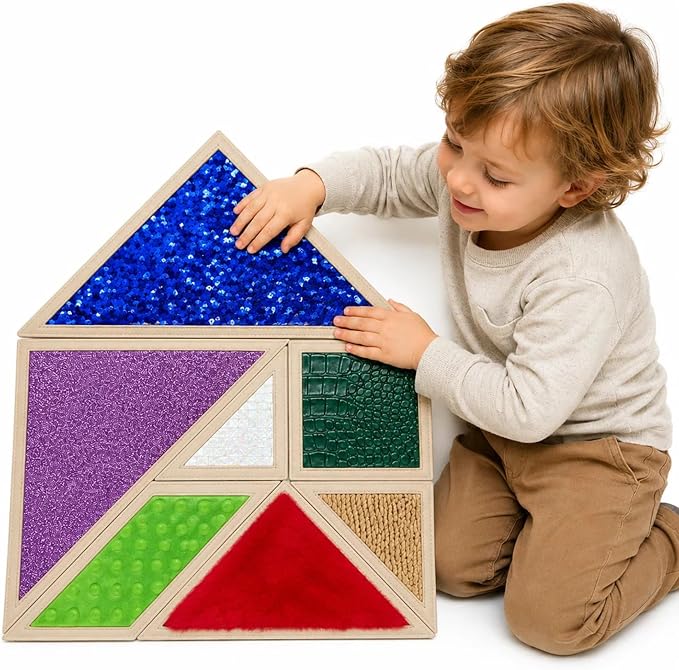 7-Piece Sensory Wall Panel Set for Kids, Modular Wooden Activity Boards with Interchangeable Textures & Sequin Flip Triangles, Fine Motor & Sensory Exploration Toys for Classroom, Daycare & Home