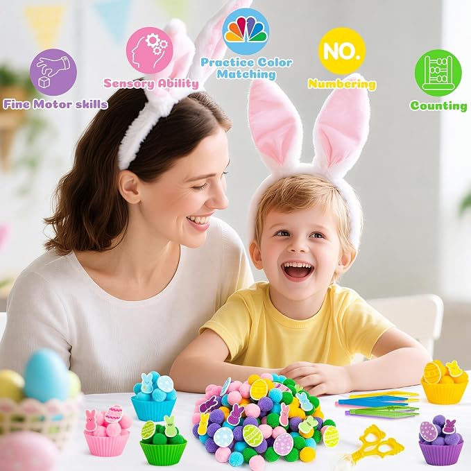 EZdhuawuse Summer Sensory Bin Fillers Toys for Kids - 268 Summer Egg Bunny Fine Motor Toys Birthday Gift, Counting Sorting Toys with Felt Egg Rabbit Pom Pom Cup Clips, Preschool Learning Activitie