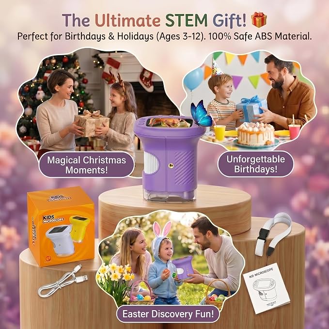 Kids Microscope, 1000X Handheld Digital Pocket Microscope with 2.4" IPS Screen & 8 LEDs, Rechargeable STEM Educational Science Toy for Outdoor Exploration, Gift for Boys Girls Age 4-12, Violet