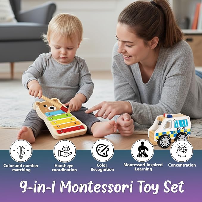 Pine Bunny Montessori Wooden 10-in-1 Toy Set for 19+ Months, Police Car, Triangular Lockbox, Cutting Fruits, Farm Cube Puzzle, Bear Xylophone, Educational Learning Problem Solving Music Toddler Toys