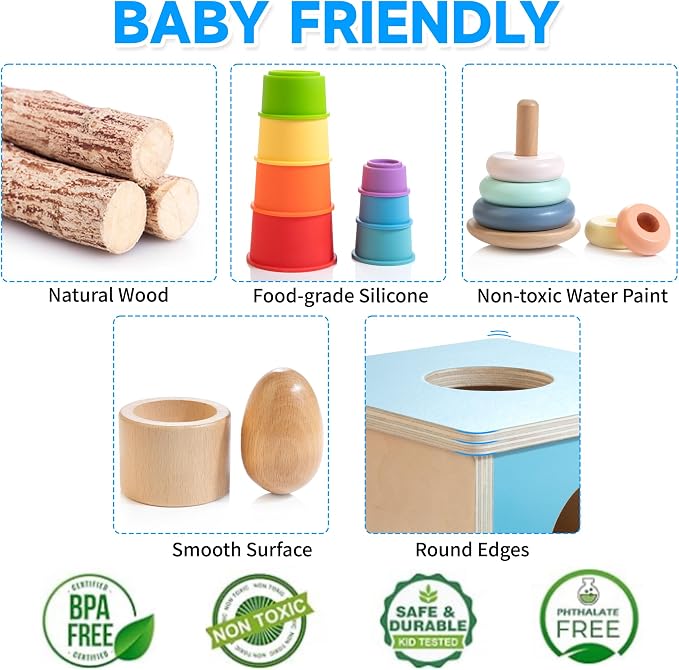 WOODMAM Montessori Toys for Babies 7-12 Months, 9 in 1 Educational Play Kit | Baby Toys 7-12 Months, Object Permanent Box, Stacking Cups, Mirror Puzzle, Ring Stacker, Baby Learning Toys, Baby Gifts