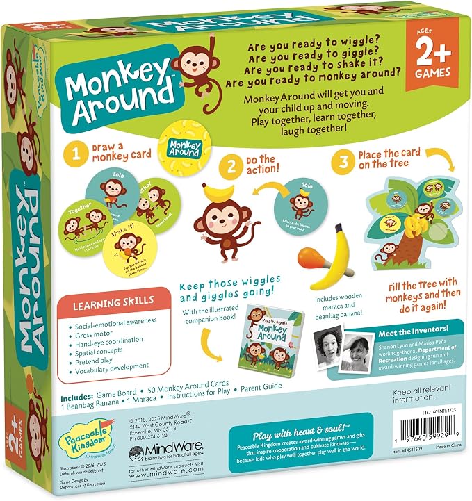 Peaceable Kingdom Deluxe Monkey Around First Game for Toddlers | Deluxe active first game for toddlers—dance and play with beanbag banana and maraca. Cooperative bonding, ages 2+