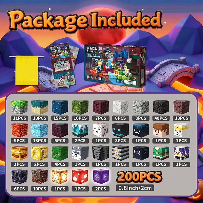 Magnetic Building Blocks STEM Toy Magnet Cubes for Kids 4-12 | Magnetic Cubes, 0.8 inches Building Blocks, Christmas Birthday Gifts for Kids Boys Girls Inferno Adventure-200pcs