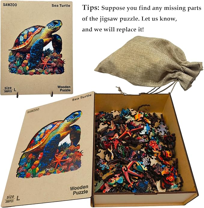 Wooden Puzzles for Adults, Coral Sea Turtle Jigsaw Puzzles for Adults, 300 Piece Unique Animal Shaped Wood Cut Puzzles, Fun Challenging Turtle Puzzles Gift for Family Game Night Home Decor 14.6*15in