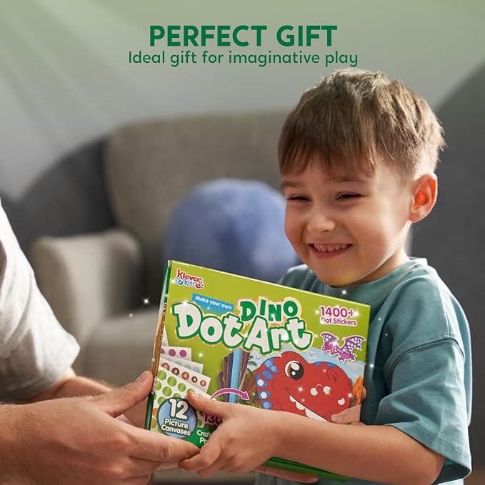 Klever Kits Dot Art Kit for Kids, No Mess Sticker for Kids 3-7, Craft Kits, DIY Creative Activity, Travel Toy, Birthday Gifts for Boys Girls (Dinosaur)