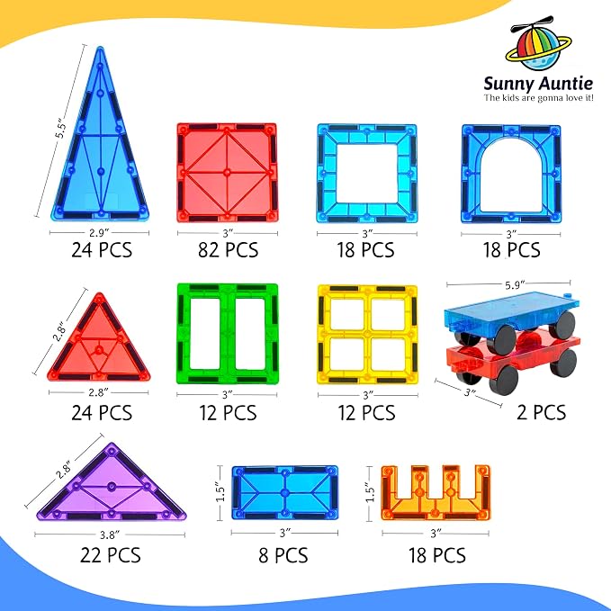 SUNNY AUNTIE Magnetic Tiles STEM Toys Building Set, Ages 3+ - 240 Pieces | Magnetic Tiles Building Toys, STEM Toys, Magnetic Blocks Construction Set, with 2 Cars & Guide Booklet for Kids Ages 3+
