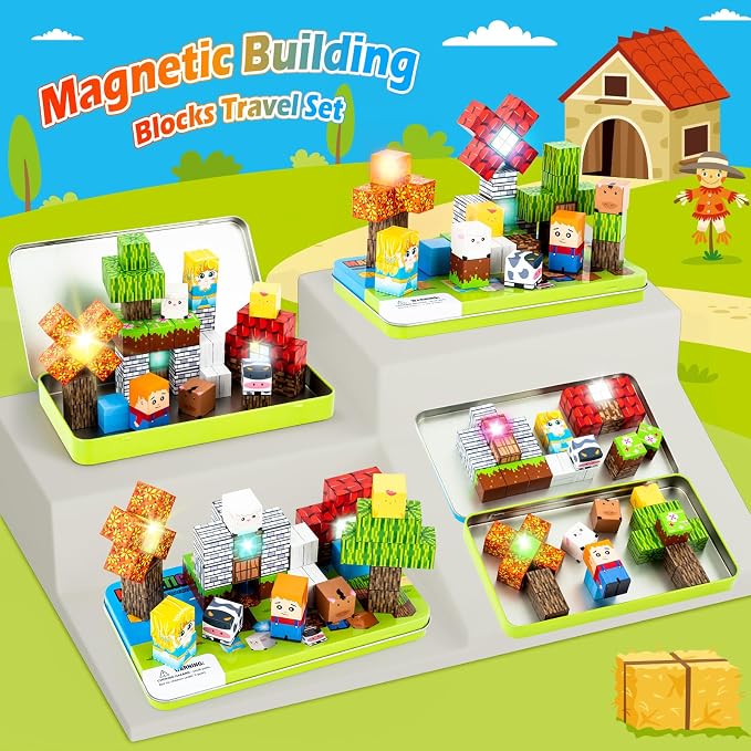45PCS Magnetic Blocks for Kids with Portable Iron Box Farm Theme | Mini Cubes, Travel Essentials for Airplane, Car, Ride Road Trip, STEM Learning Toy Gift Idea for Toddlers Boys, Girls Ages 3+