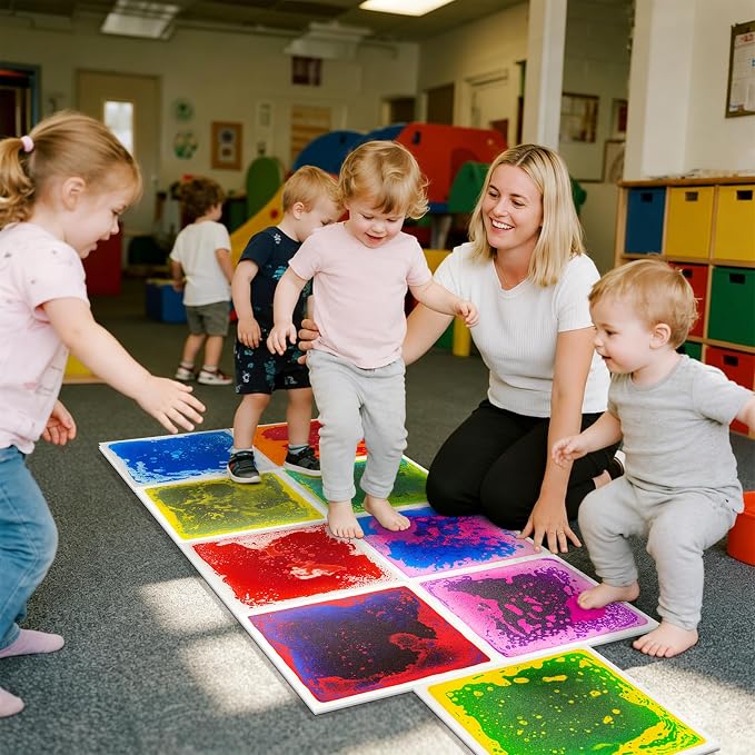 Liquid Sensory Floor Tiles for Kids Ages 3+, 12" Step-On Tiles with Non-Slip Base, Interactive Color-Flow, Assorted Colors, Classroom Sensory Path Set (6-Pack)