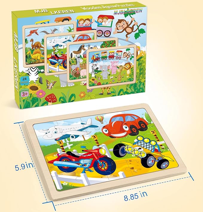 Wooden Jigsaw Puzzles for Kids Ages 4-6, 4-Pack 24-Piece Puzzles Toy | Wood Puzzles Set, Toddler Brain Teaser Toys, Gifts for Boys Girls Ages 3 4 5 6