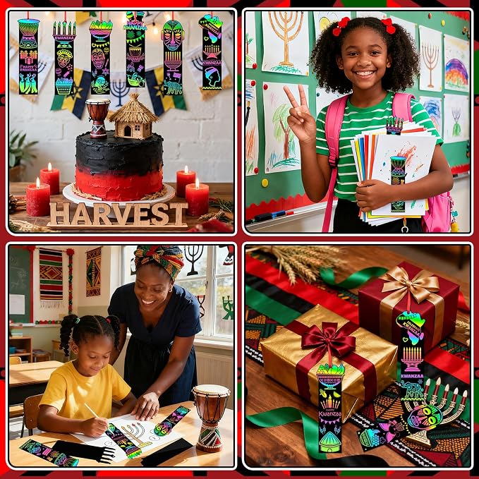 JUNEBRUSHS 30Pcs Kwanzaa Craft for Kids, Rainbow Magic Scratch Art Bookmark | Paper Kwanzaa Gifts for Kids, School Classroom Activities, Games DIY Arts and Crafts Kit Party Favors