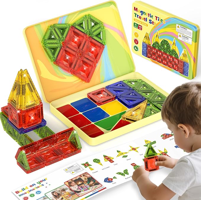 Mini Magnetic Tiles for Kids Travel: 40PCS Portable Building Blocks | Metal Storage Box & Visual Guide for 1-Minute Cleanup - Diamond Sparkle STEM Travel Toys for Toddlers Boys Girls Age 3-8
