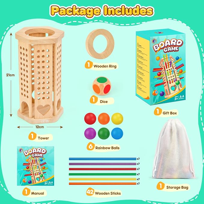 Montessori Wooden Board Game, 42-Stick Dice Game, Math Puzzle Toy for Kids 3 4 5 6 Years Old, Develops Fine Motor Skills and Counting, Perfect for Family Nights, Gift for Boys and Girls