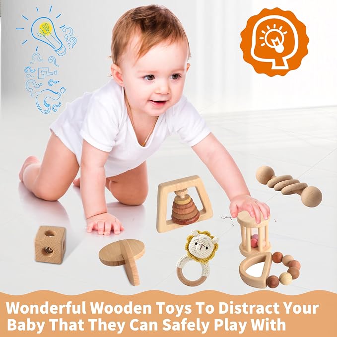 Wooden Montessori Toys 7PCS Wooden Baby Toy for Babies 12-36 Months, Natural Wood Rattle Toy Set with Crochet Lion Rattle, Gift for Infant Boys Girls