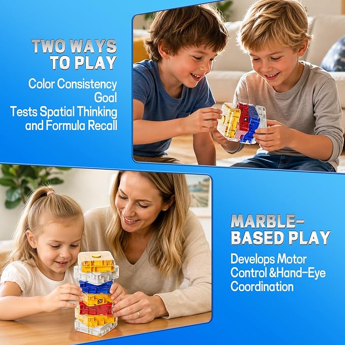 3D Maze Cube Ball Puzzle Brain Teaser for Adults & Kids, Educational Learning Toys Logical Thinking, Family Board Games Tabletop, Durable Puzzle Cube (White&Blue&Red&Yelllow, 2.4x2.4x3.2)