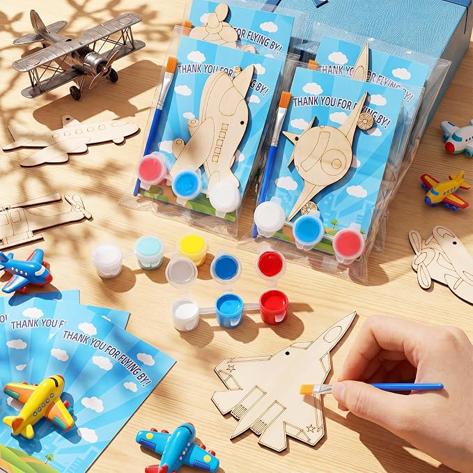 Saypacck 24 Pcs Airplane Party Favors Wooden Paint Craft Kits | DIY Painting Activity for Kids Parties, Includes Paints and Brush per Set, Goodie Bag Stuffers, Aviation Theme Projects