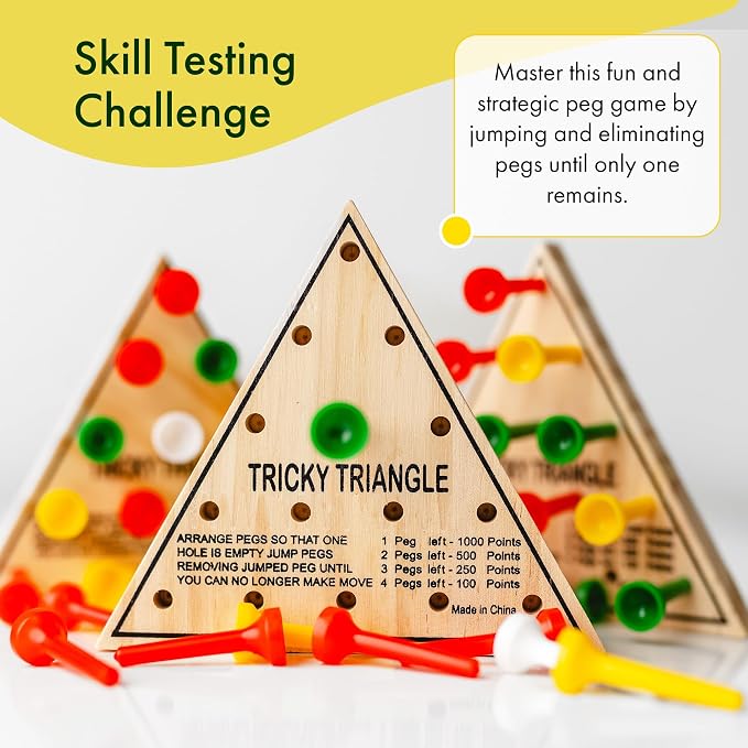 3 Pack - Wooden Triangle Peg Board Game - Retro Mini Travel Game