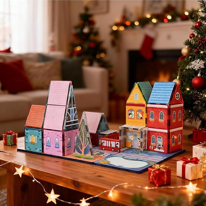 Magnetic Tiles Toy Set for Kids with 6 Large Square , Magnetic Blcok Fairytale Town Set, Magnetic Building Blocks with Road, Large Expansion STEM Building Magnet Toys for Ages 3-5 4-8 5-7 Boys Girls
