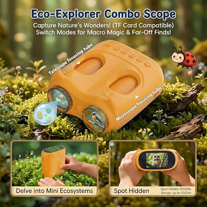 2-in-1 Kids Microscope and Telescope, 1000X Handheld Digital Microscope for Kids, 2.0" Screen, 8 LEDs, 10X Pocket Telescope for Outdoor, 1080P Camera STEM Toys Gift for Boys Girls 4-12, Yellow