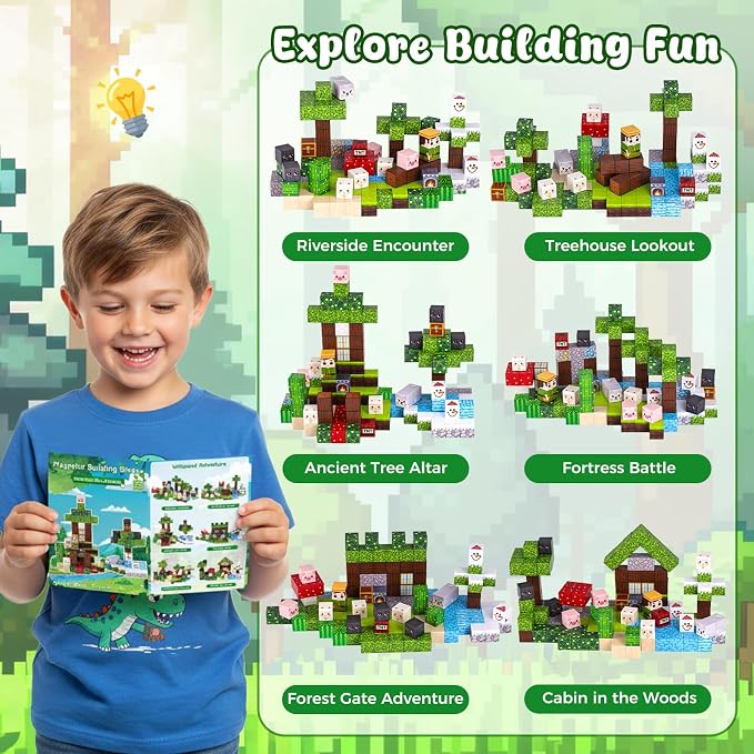 3 otters 150PCS Magnetic Blocks, with a Storage Bag, Forest Explorer | Sensory Stacking Toy for Kids, Stem Learning, Preschool, Classroom, Screenless Activities, and Birthday Gifts