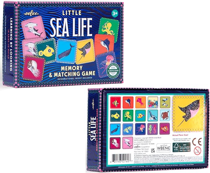 eeBoo Little Sea Life Memory & Matching Game, Ages 3+, 1-4 Players | Introduces whales, jellyfish & marine life. Sharpens recognition, concentration & memory skills. Includes 36 tiles, 18 pairs