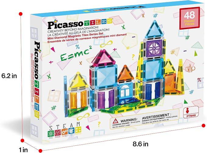 PicassoTiles Magnet Tile Building Blocks 48 Piece Travel Sized Playset with Windows and Clip-on Doors Construction Stacking Magnetic Tiles Block Learning Educational STEM Toy Boys Girls Age 3+ PTM48