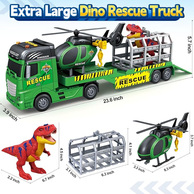 Bstoyder Toddler Boy Toys for 3 4 5 6 7 Years Kids, 23" Semi Flatbed Truck Toy with a Dinosaure Truck, Friction Powered Vehicles Toys with Lights and Sounds, Birthday for Boy Girls