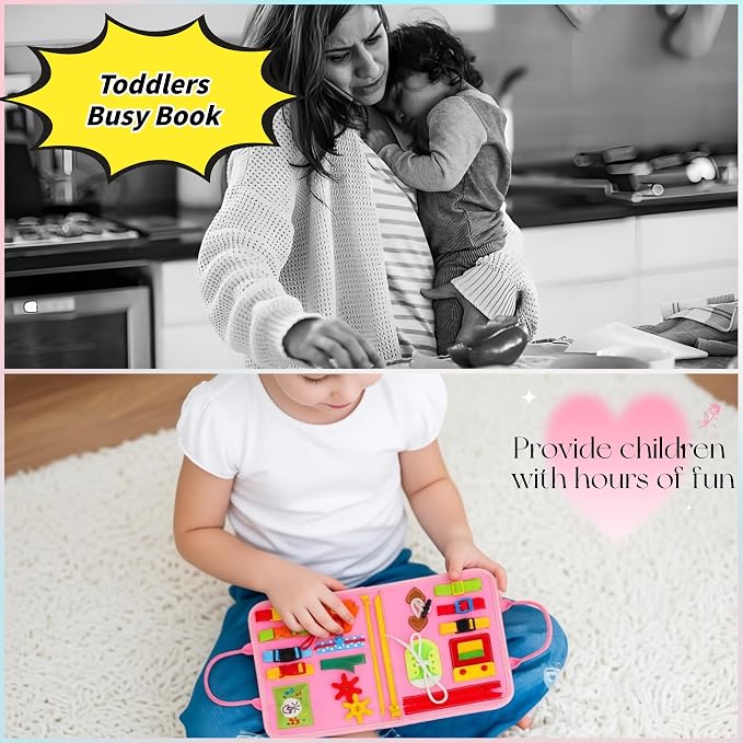 Busy Board for Toddlers,Montessori Busy Board with Sensory Activities, Fine Motor Skills Learning Toy, Travel Activity Book for Airplane and Car, Educational Gift for Boys and Girls