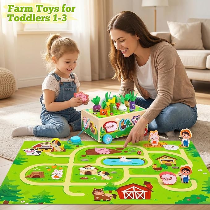 Montessori Toys for 1 Year Old|Wood Animal Shape Sorting Toys with Game Map | First Birthday Gifts for Girls|Educational Toys for 1 Year Old|Farm Carrot Harvest learning Toys|1st birthday girl gifts