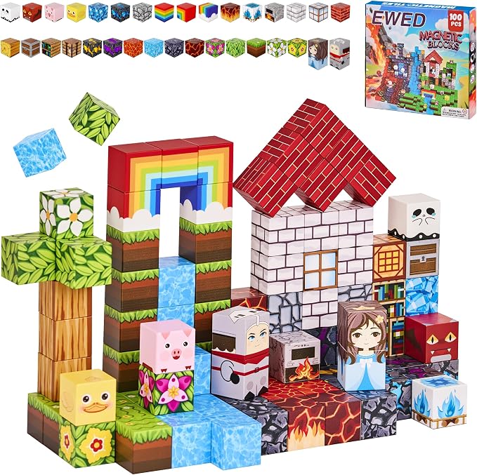 100PCS Magnetic Blocks, Magnetic Building Blocks Cubes Tiles for Kid | STEM Educational Stacking Magnets School Game Toys for Ages 3 4 5 6 7 8 9 10 11 Birthday Party Supplies Gift for Boy and Girl