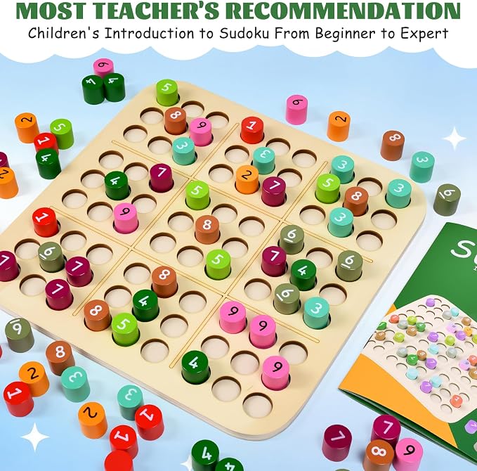 Wooden Sudoku Board Game: Math Brain Teaser Puzzle Desktop Game Train Logical Thinking Ability with 81 Pegs for Teenagers, Adult & Seniors Brain Stimulation Toys, Party Favors & Stress-Relief