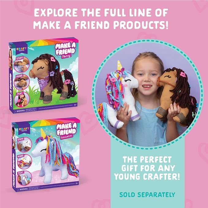 Craft- Tastic - Make a Friend Unicorn - Mini Sewing Kit, Arts and Crafts, Kids Crafts, Craft Kit Makes 1 Easy-to-Sew Stuffie with Accessories, Bonus Travel Tote Included Ages 6+
