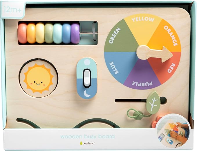 Pearhead Busy Board for Toddlers, Wooden Montessori Sensory Toy | FSC-Certified Design, Built-In Stand, Travel Activities, Color Recognition, Ages 1+