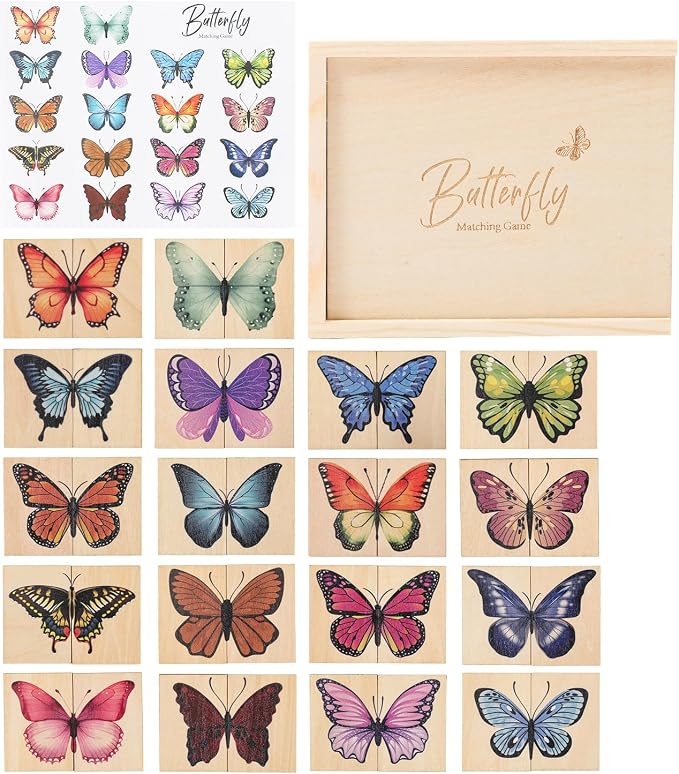 Wooden Butterfly Matching Puzzle Game for Ages 3+, 38 Pcs with Storage Box, Montessori Nature Memory Game for Visual Discrimination & Fine Motor Skills, Birthday