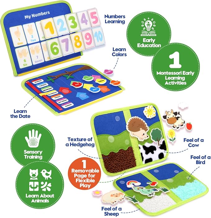Toddler Sensory Busy Board: Travel Toy Activity Book for Girls Boys, Motor Skill Development Gift for Baby Aged 3-4 Years, Fine Educational Preschool Montessori Learning Toy for Car Airplane Dinosaur