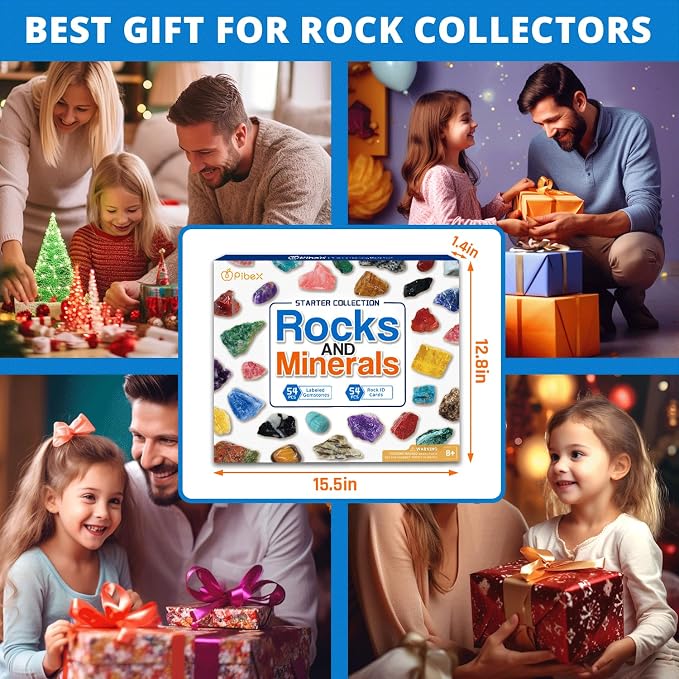 PIBEX Rock Collection Starter Kit, 54 Rocks & Minerals with Name Labels | 9 Polished Gems, 45 Crystals & Stones, Rock ID Cards, Learning Book, Collector Storage Box, Geology Gift for Kids Ages 8+