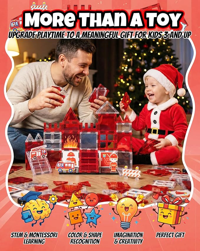 Large Magnetic Tiles for Kids, STEM Toys Building Set, Age 3+,37 Piece | Fire Rescue Magnetic Tiles Building Blocks with Rescue Scene Pieces, Firefighter Elements, Ideal Gift for Boys and Girls