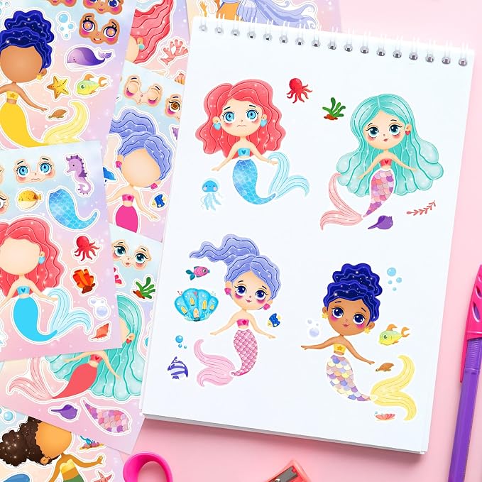 24 Sheets Make a Face Mermaid Stickers for Girls Kids Party Favors | Make Your Own Mermaid Stickers Birthday Decorations Supplies, Toddlers Crafts Activities Gifts Goodie Bags Stuffers Games