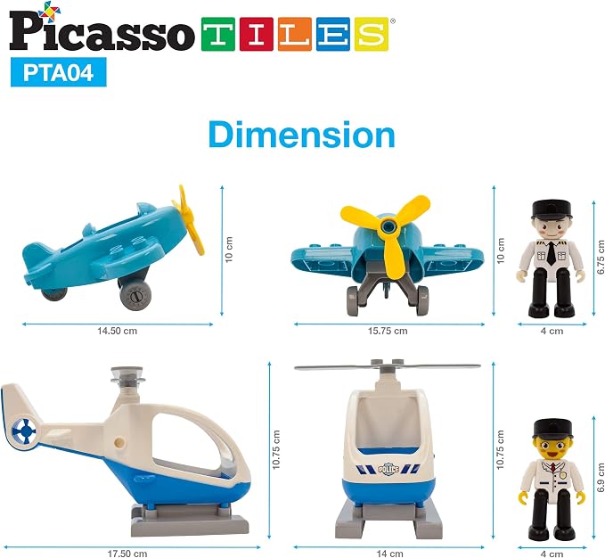 PicassoTiles Magnetic Figures 4 Piece Aircraft and Action Figure Magnet Airplane and Helicopter Expansion Pack Toddler Toy Set Educational Learning Kit Pretend Playset for Construction Building Block