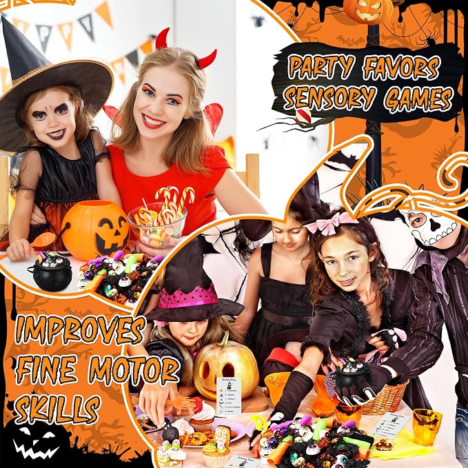 WinnerWhy 117 Pcs Halloween Sensory Bin Whistle Gold Spider Gift Set | Gold Spider Rings, Whistles, Eyeball Bat Skull Pumpkin, Cognitive Cards Sorting Counting, Fine Motor Sensory Training