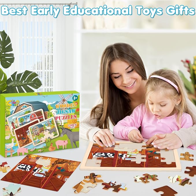 4-Pack Wooden Puzzles for Kids Ages 3-5, 24-Piece Farm Animal Set | Toddler Puzzles Ages 3-5, Preschool Puzzles with Wooden Jigsaw Boards for Fine Motor Skills, Shape Recognition and Travel