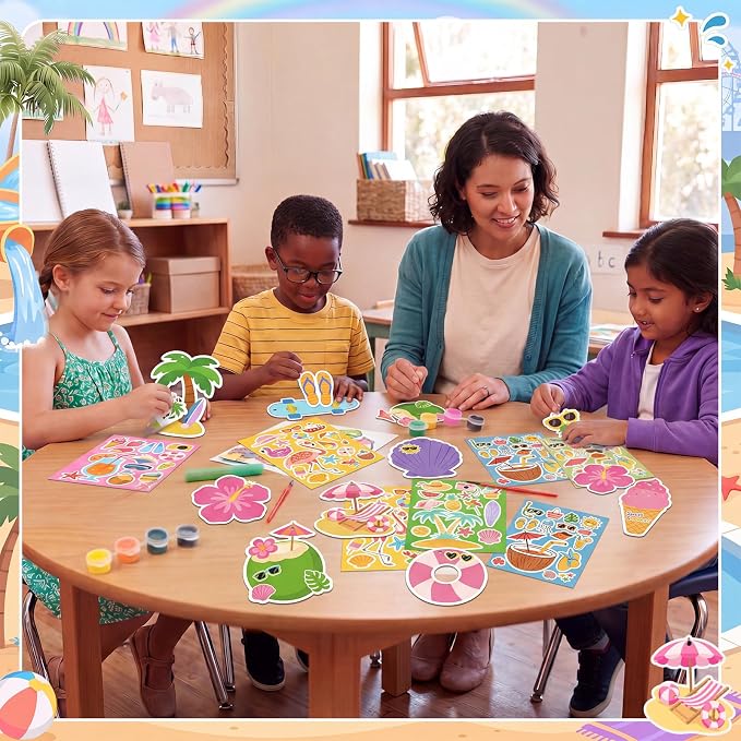 96 Pcs Summer Bookmark Craft Kits DIY Make Your Own Bookmark with Tropical Fruits Ice Cream Coconut Beach Stickers for Kids Classroom Activities Reading Rewards Birthday Camp Party Favors