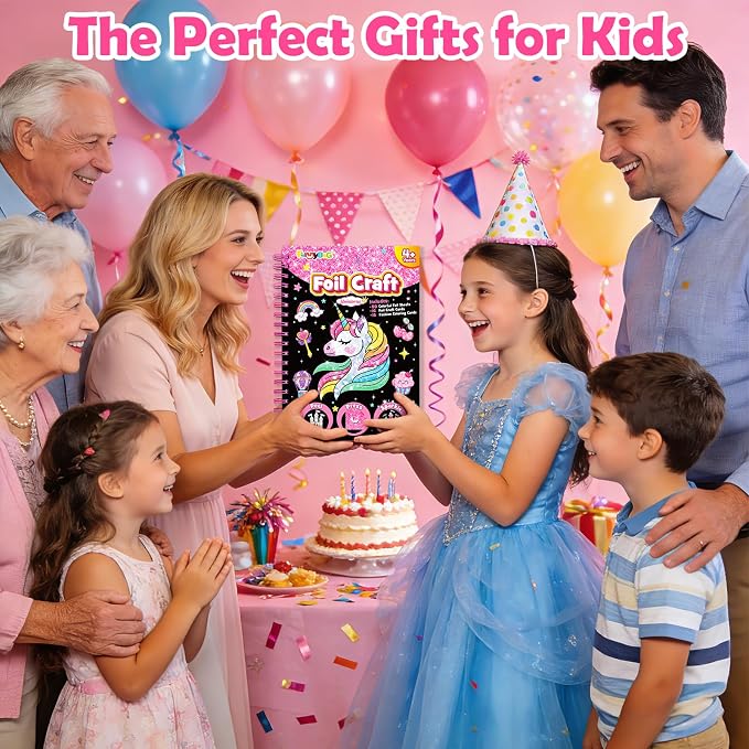 FUNNYB&G Foil Art Craft Kit for Kids, Sparkly Birthday Gift Toy for Girls | No Mess, Kids Ages 4-10 Create Sparkling Artwork, A Creative Gift for Birthdays, Holidays, Travel Activities,Screen-Free Fun