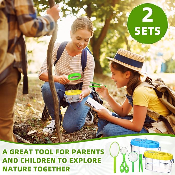 Halloscume 2 Sets Bug Catcher Kit Outdoor Toy Gift for Kids Outdoor Explorer Kit Kids Bug Catching Kit Insect Bug Habitat with Magnifying Glass, Tweezers, Bug Catcher and Net for Science Exploration
