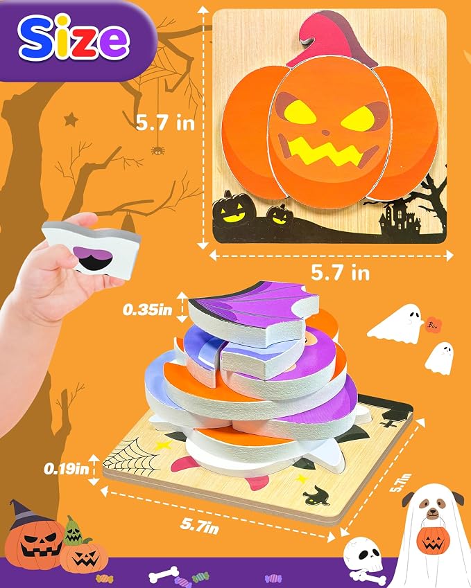 4 Pack Halloween Wooden Puzzles for Toddlers,Halloween Boo Basket Stuffers Party Favors Treats, Montessori Toys Birthday Gifts for Kids Boys Girls