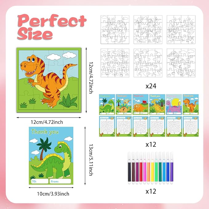 Fennoral 12 Pack Dinosaur Craft Kit for Kids Classroom Color Your Own Dinosaur Jigsaw Puzzles with Card DIY Coloring Dinosaur Craft Kit Art Activities Birthday Gifts Party Favor Supplies