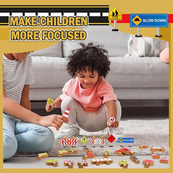 Blosssound 26 Pcs Wooden Toys for Preschool Classroom Construction Signals | Wooden Toys Set for Dramatic Play Center, Pretend Games for Kids Classroom, Educational Blocks