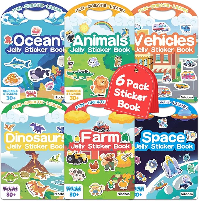 6 Pack Jelly Sticker Books for Toddlers, Reusable Sticker Books for Kids 3-6, Quiet Book for Ages 3+ Kids, Perfect Holiday & Birthday Gifts for Boys & Girls