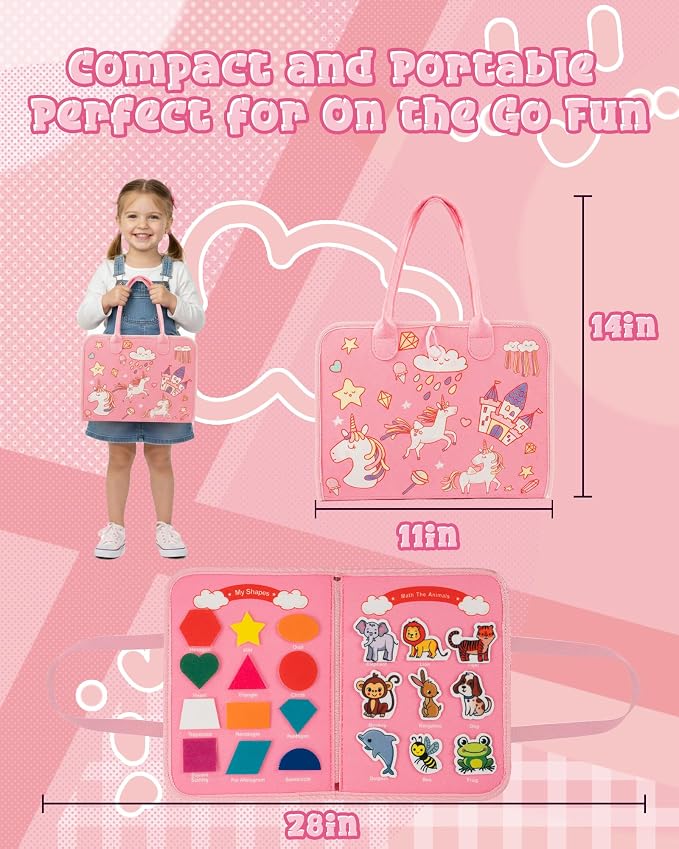 Pink Montessori Busy Board for Toddlers,8-Page Sensory Activity Book for Fine Motor Skills & Basic Dress Learning, Portable Travel Toy for Preschool Kids, Portable Travel Gift for Preschool Girls