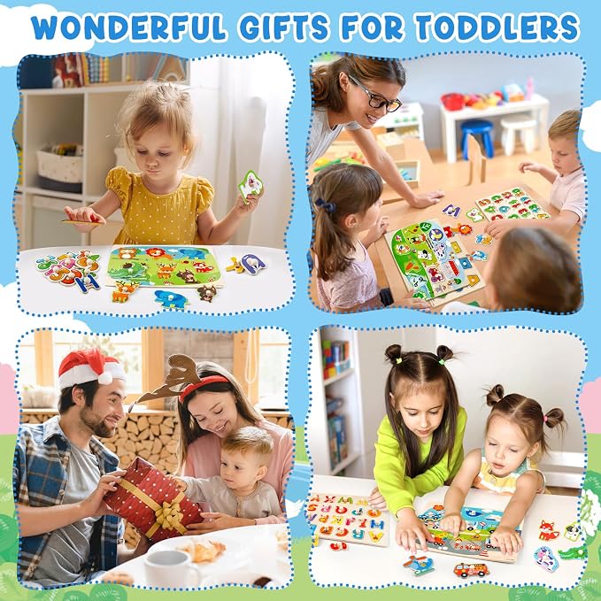 Attmu Alphabet Wooden Puzzles for Toddlers 6 Pcs ABC Shape Number Puzzle | Learning Toys for Kids Animal Farm Puzzle Preschool Educational Activities Toddler Gift Toys for Girls Boys Christmas Easter