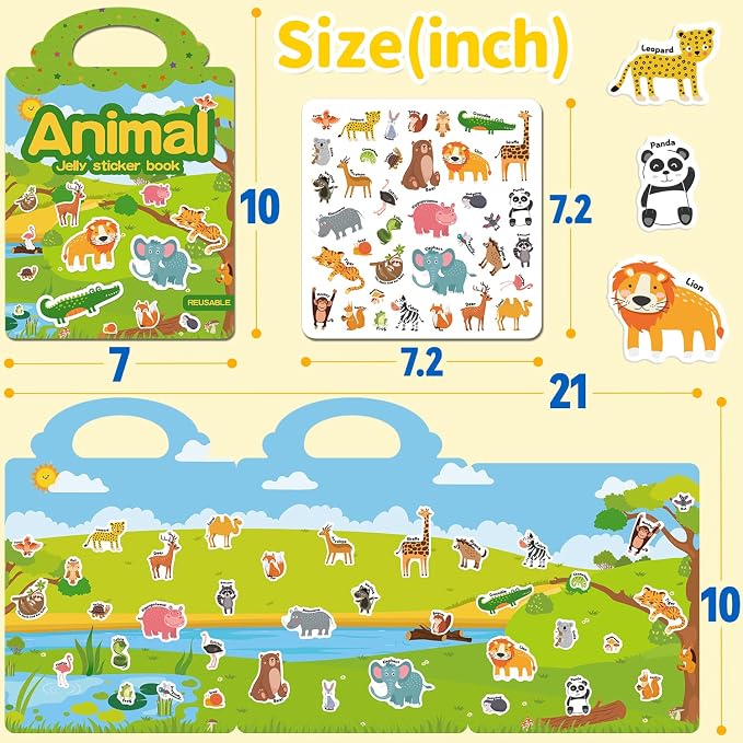3 Sets Reusable Sticker Book for Toddlers 3-6, Jelly Sticker Books for Toddler, Travel Sticker Activity Toys for Kids 3 4 5 6 Years Old Girls & Boys(Farm + Vehicles + Animal)